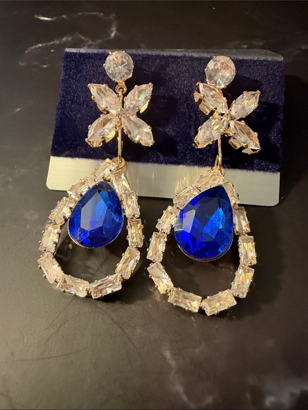Gold Tone Blue Teardrop Crystal Statement Party Wedding Earrings - Picture 5 of 7